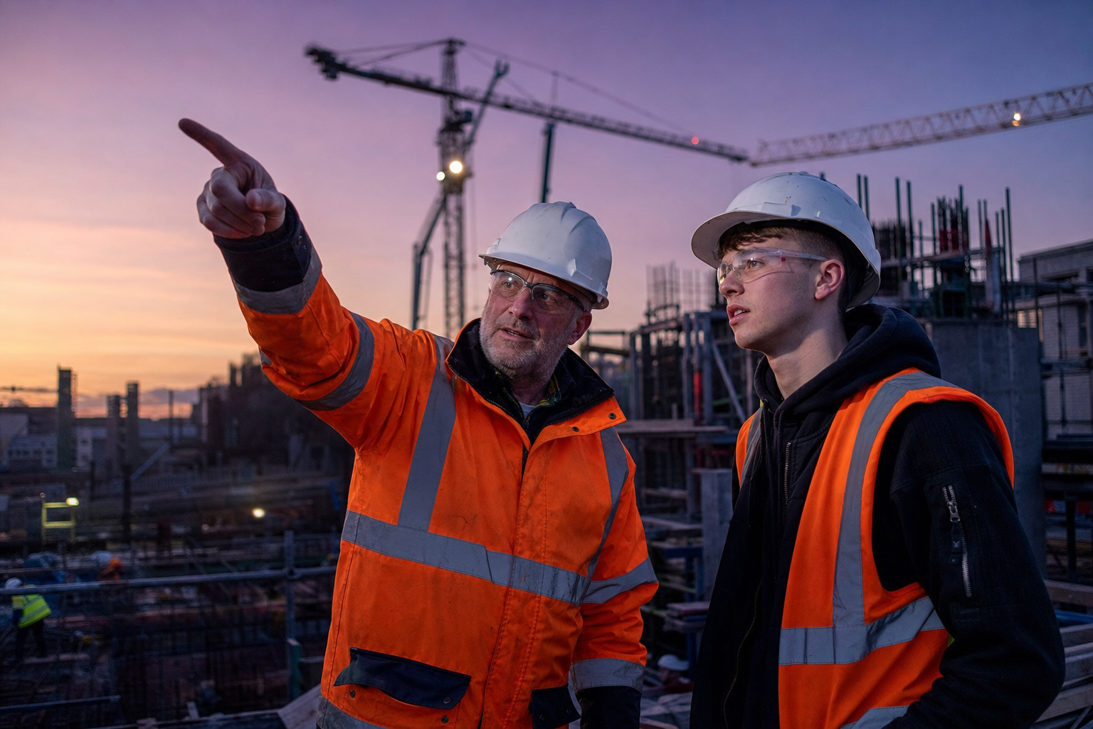 Experienced UK construction supervisor briefing a younger apprentice at dusk with tower cranes silhouetted behind them — illustrating the ageing workforce and 250,000-worker skills gap