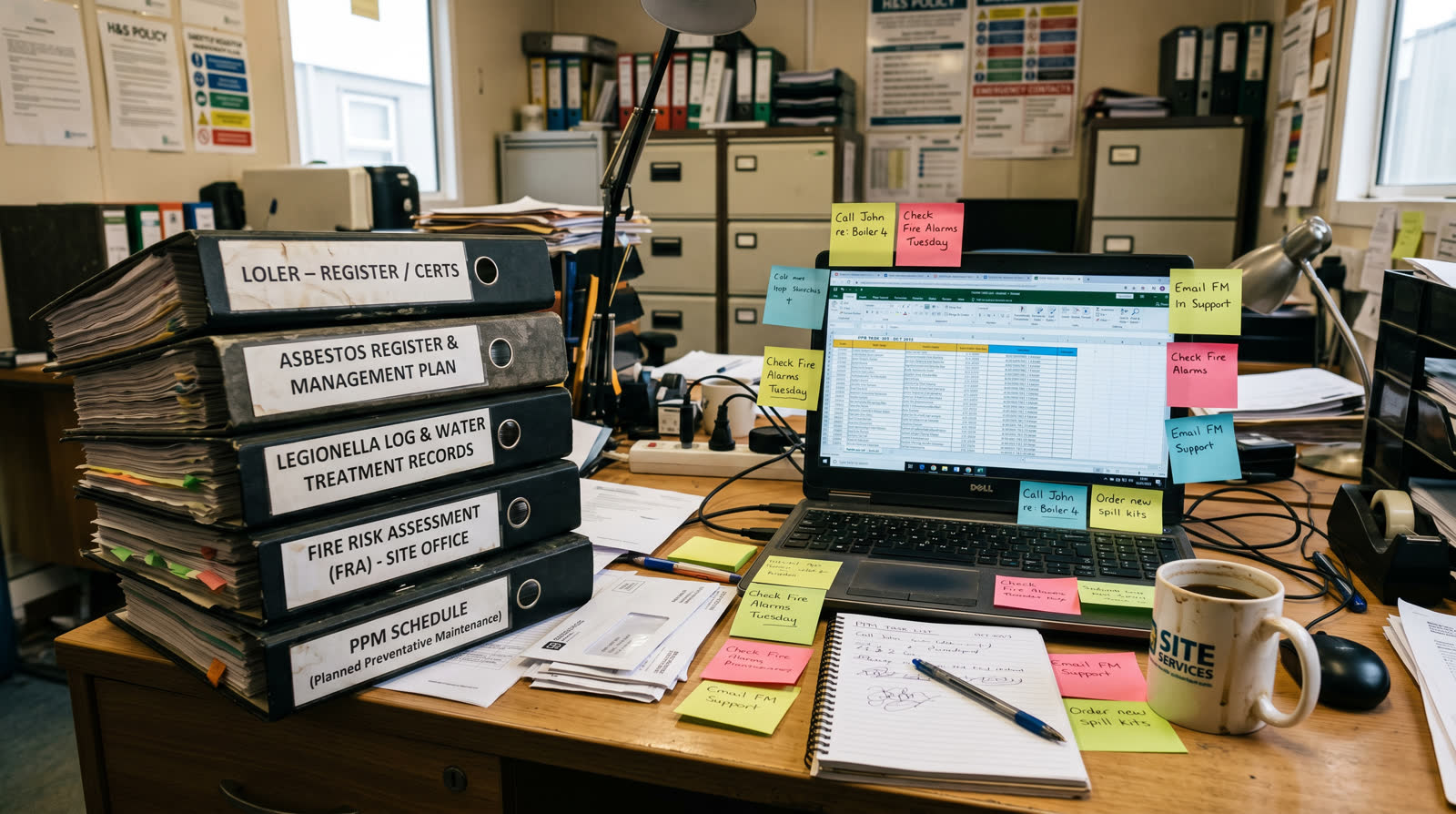 Cluttered FM site office desk with thick compliance binders for LOLER, asbestos, legionella, and fire risk assessments