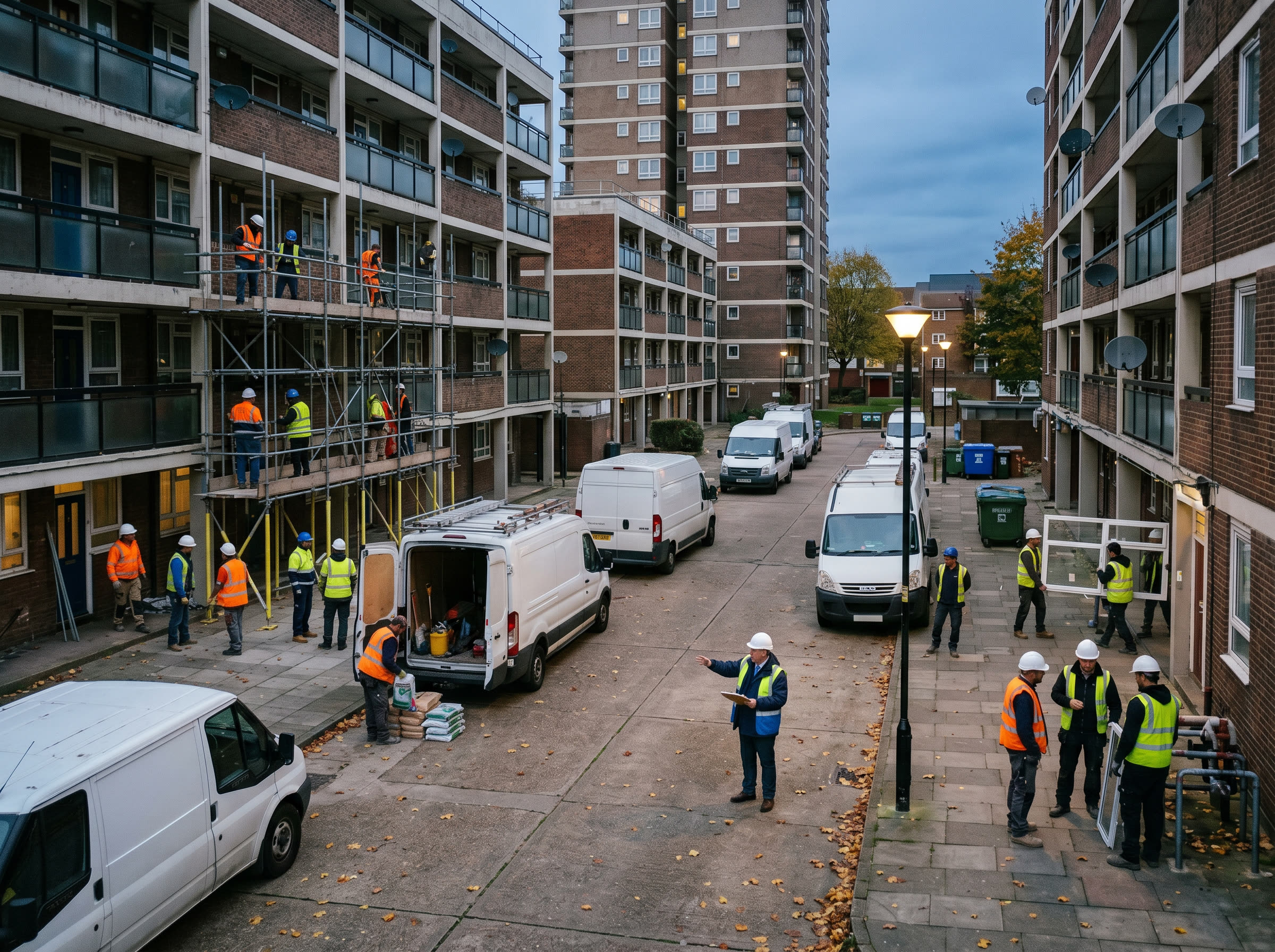 A scene at a UK social housing block with multiple contractor vans, scaffolding being erected, and several different contractor crews carrying out housing repair works