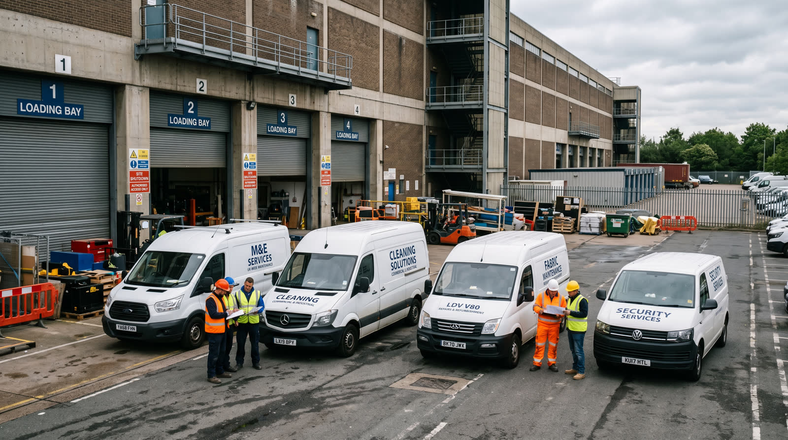 Multiple sub-contractor vans at a UK commercial building loading bay during a planned shutdown