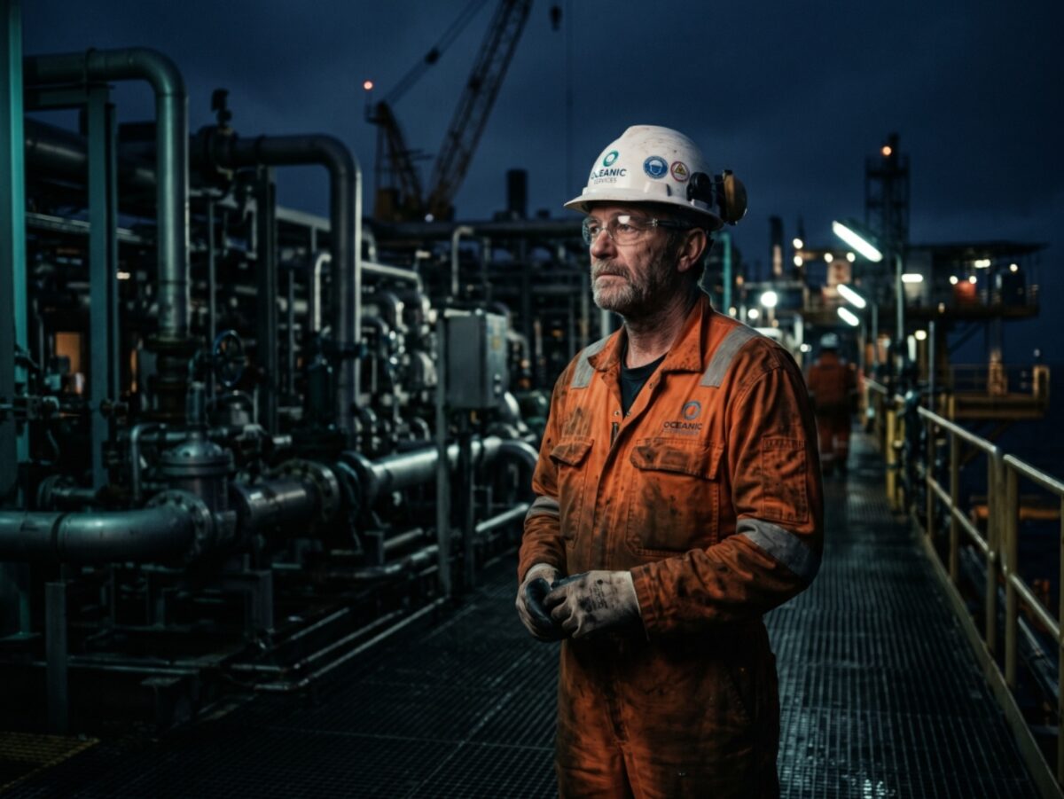 Experienced offshore oil and gas worker on a process platform at night