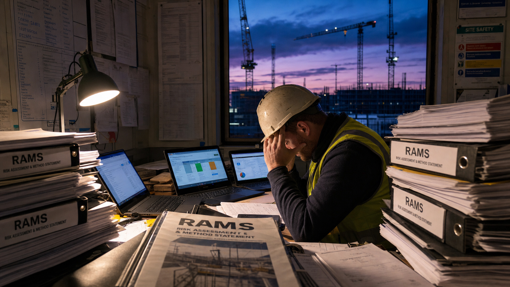 Site manager in a UK construction cabin at dusk surrounded by paper RAMS folders and disconnected dashboards — illustrating fragmented systems slowing project delivery and obscuring risk