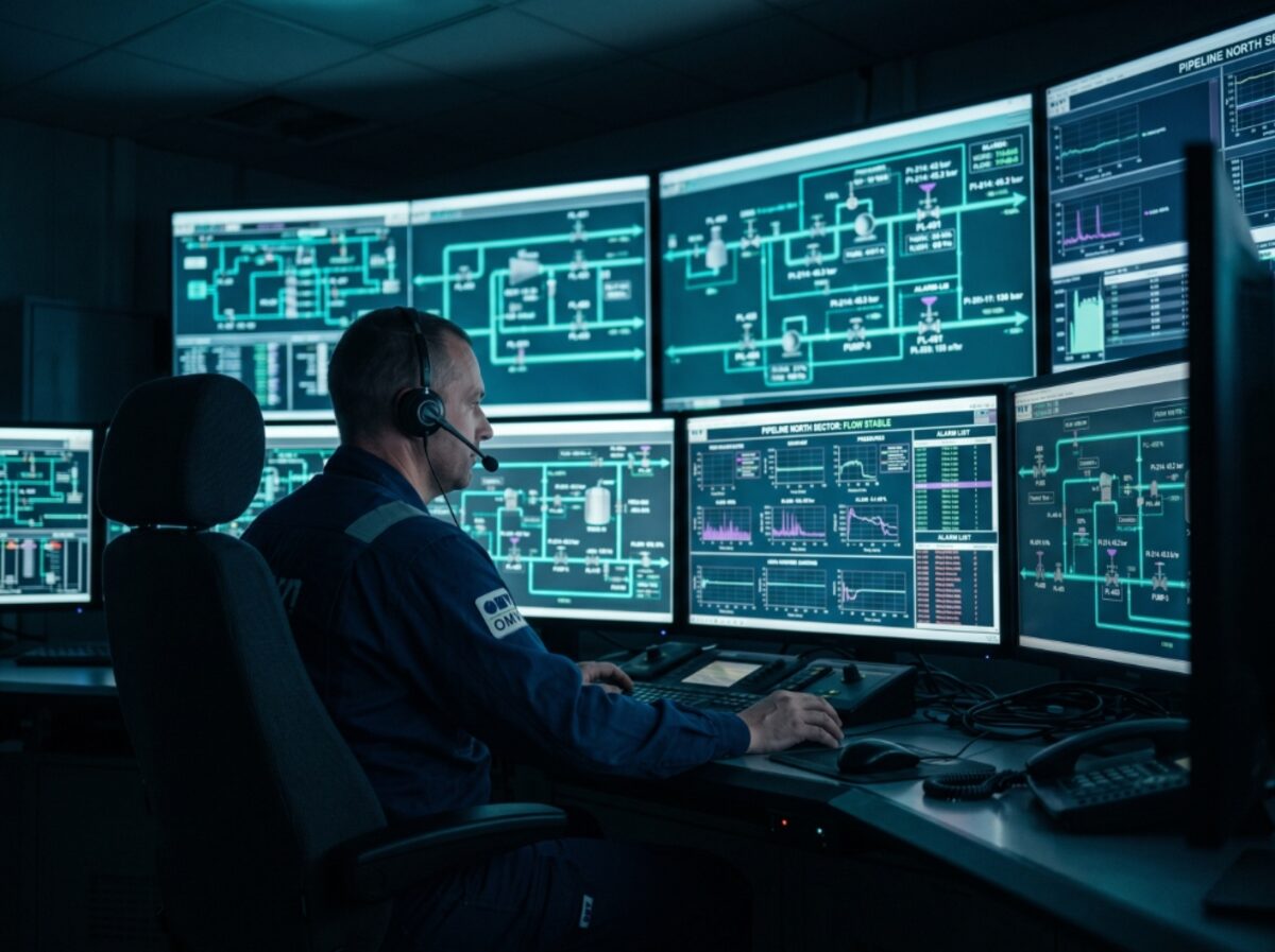 Operator monitoring pipeline SCADA screens in an oil and gas control room