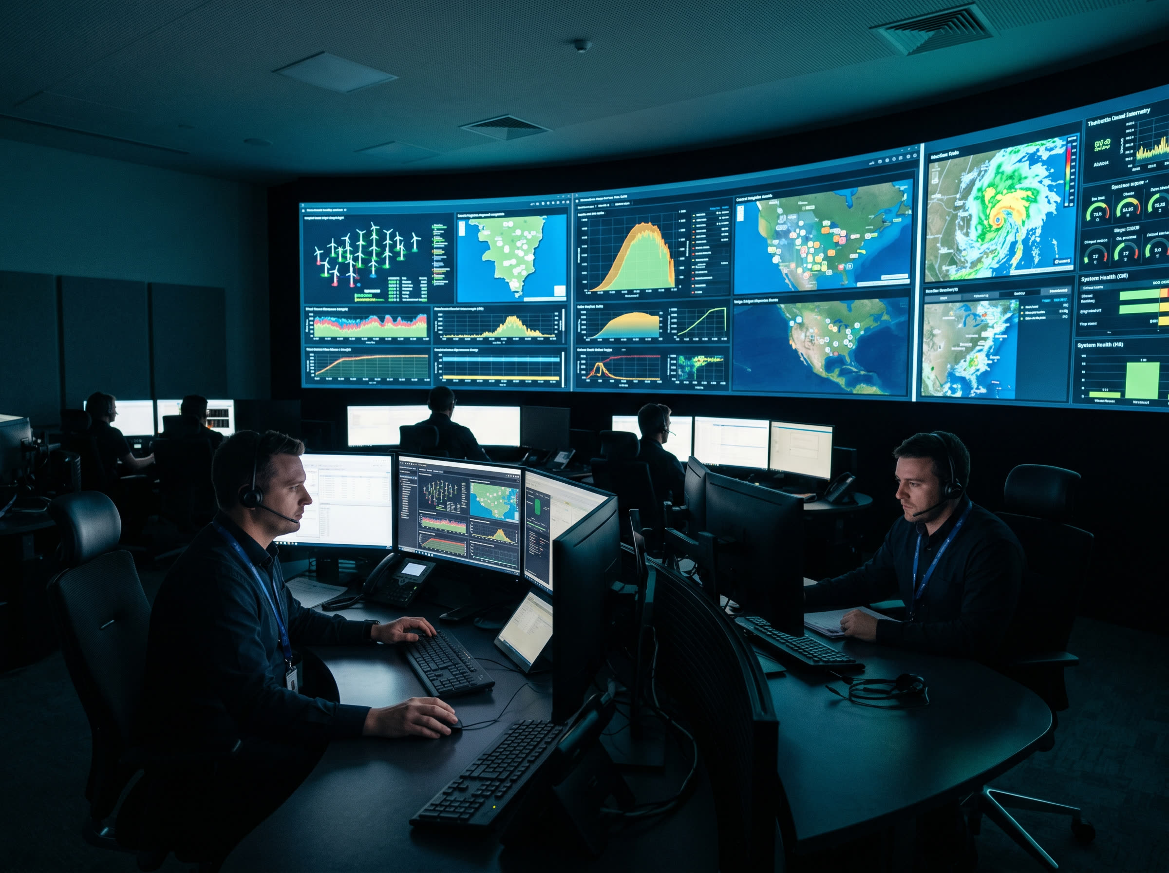 Renewable energy operations control room at night with operators monitoring SCADA dashboards
