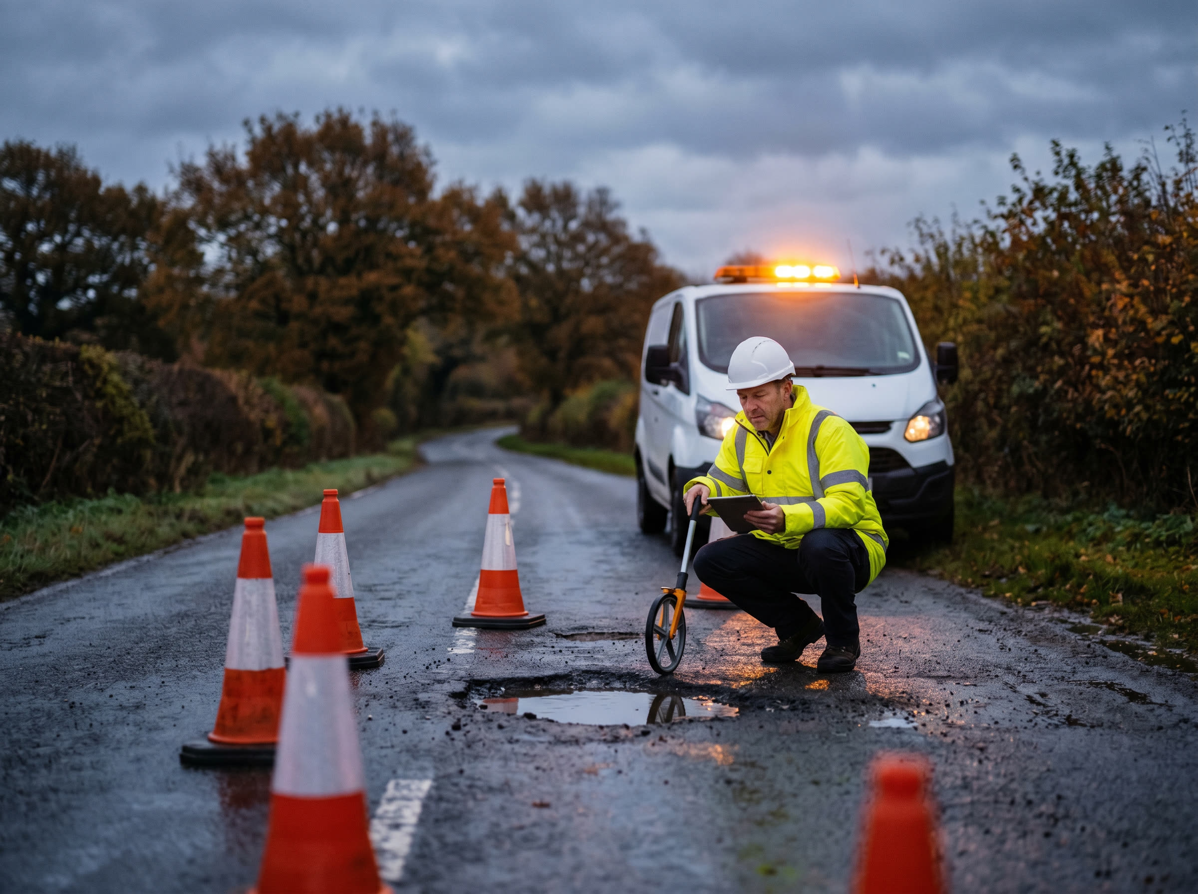A council highways inspector in a hi-vis jacket alone on a rural road at dusk, kneeling to assess a pothole next to a council van with amber beacons