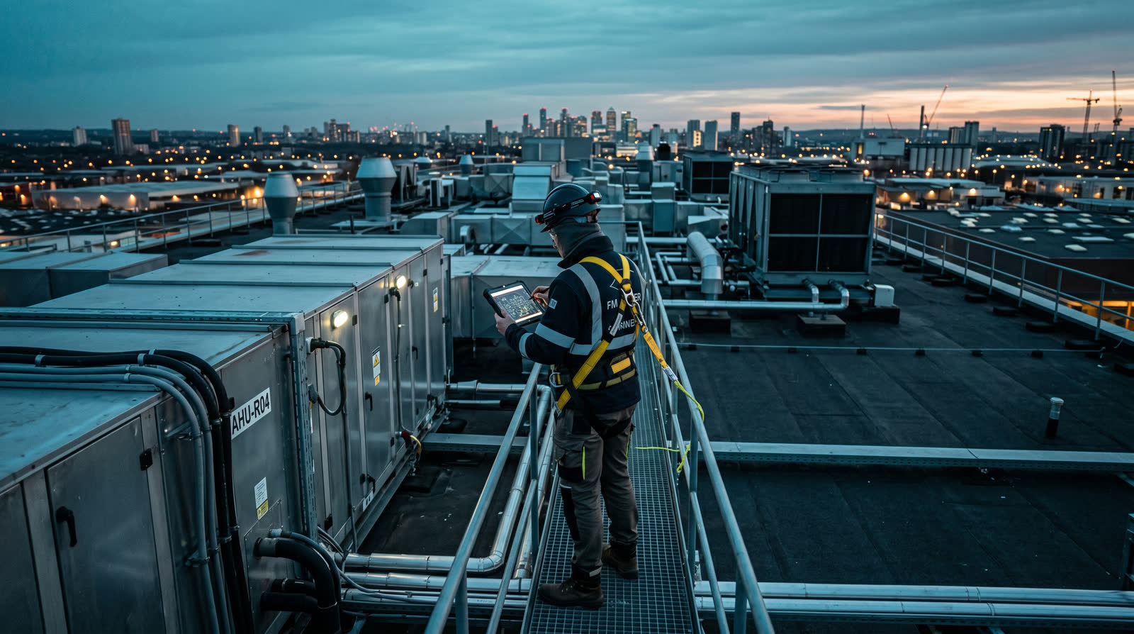 Lone FM engineer on a commercial rooftop at dusk wearing a safety harness, working at height on HVAC plant