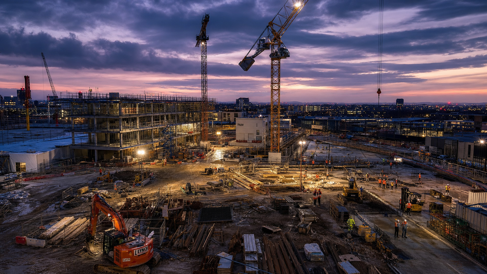 Aerial view of a large UK construction site at dusk showing multiple subcontractor work packages simultaneously underway — illustrating governance blind spots across Tier-N supply chains