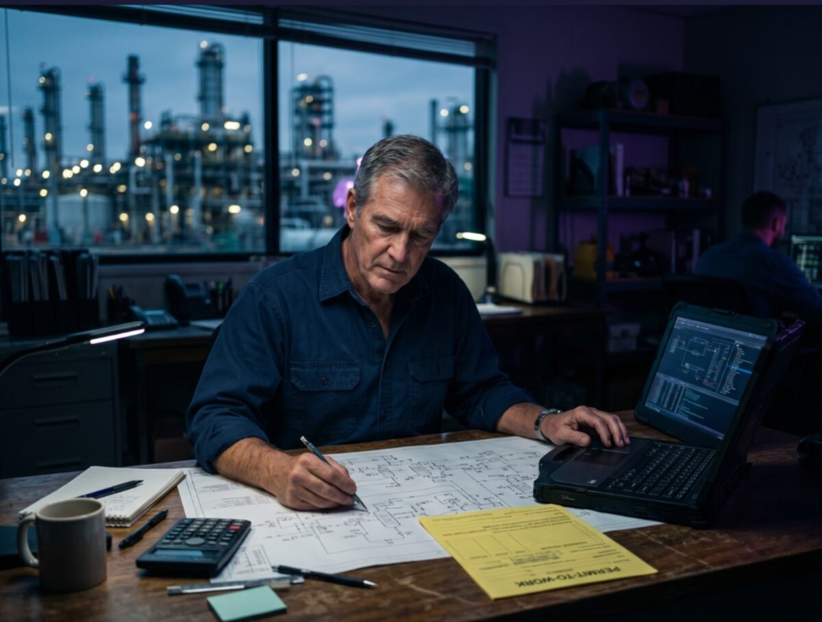 Engineer working with paper permits and a laptop alongside refinery view, showing fragmented systems