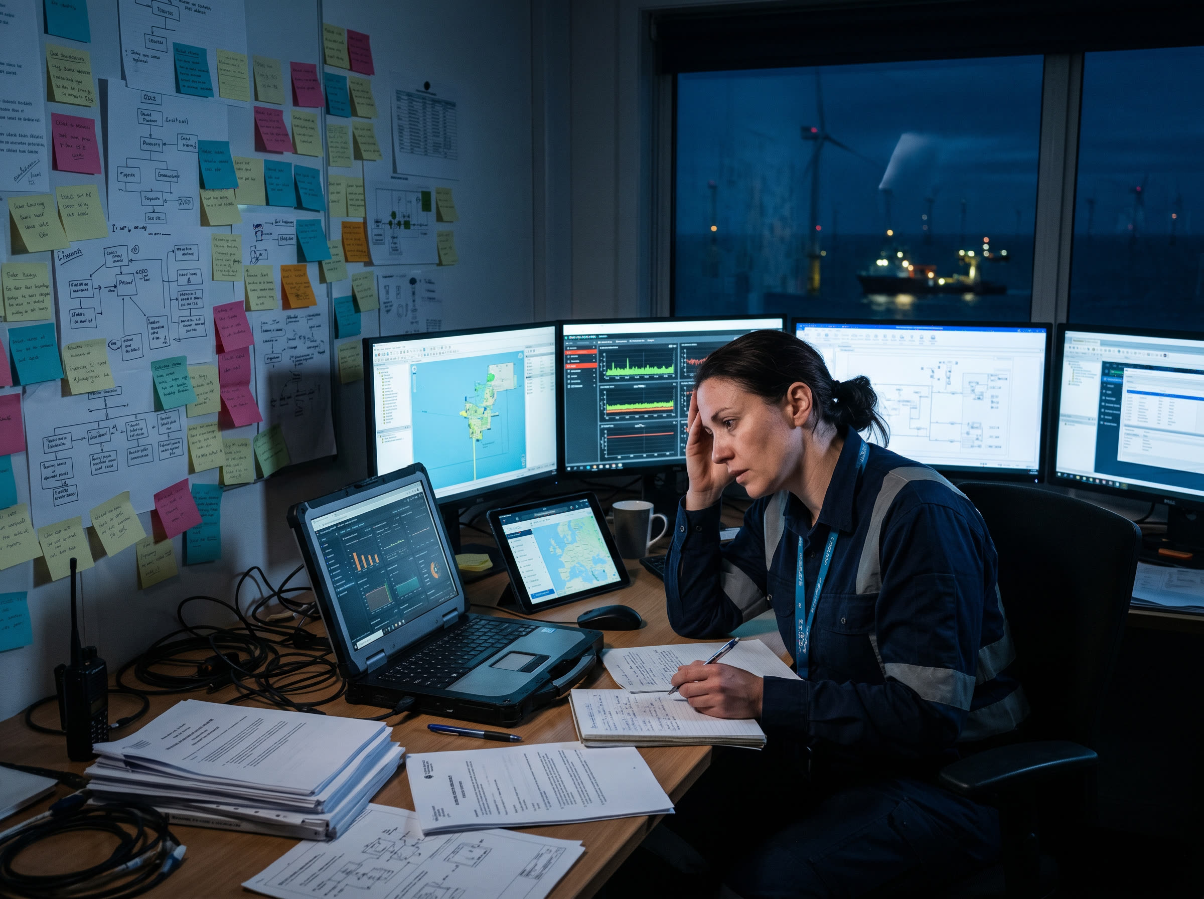 Renewable energy engineer overwhelmed by paper RAMS and disconnected dashboards in a site office